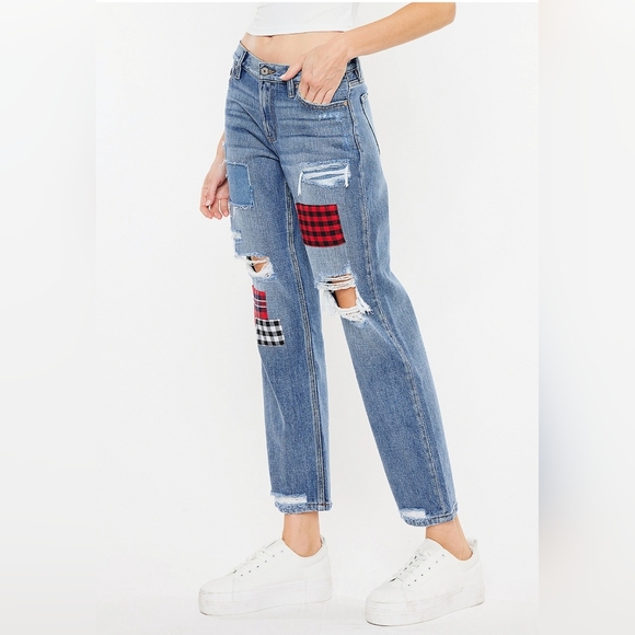 KanCan™ Nonstretch High Rise Plaid Patch Ripped Boyfriend Jean (Maurices) 30x28 - Picture 2 of 9